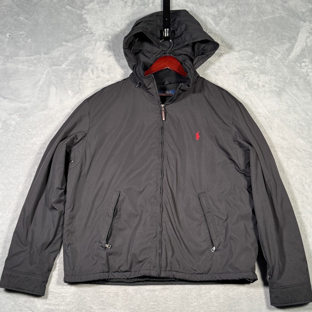 Ralph Lauren Jacket Mens XL Black Fleece Lined Stow Away Hood‎ Insulated